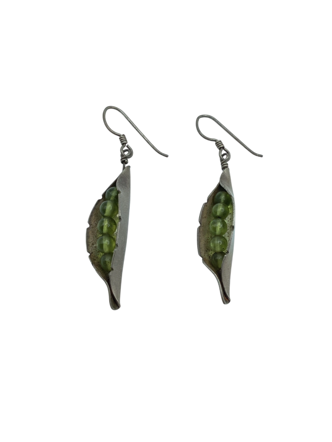 Silver Pea Pod Earrings with Green Beads