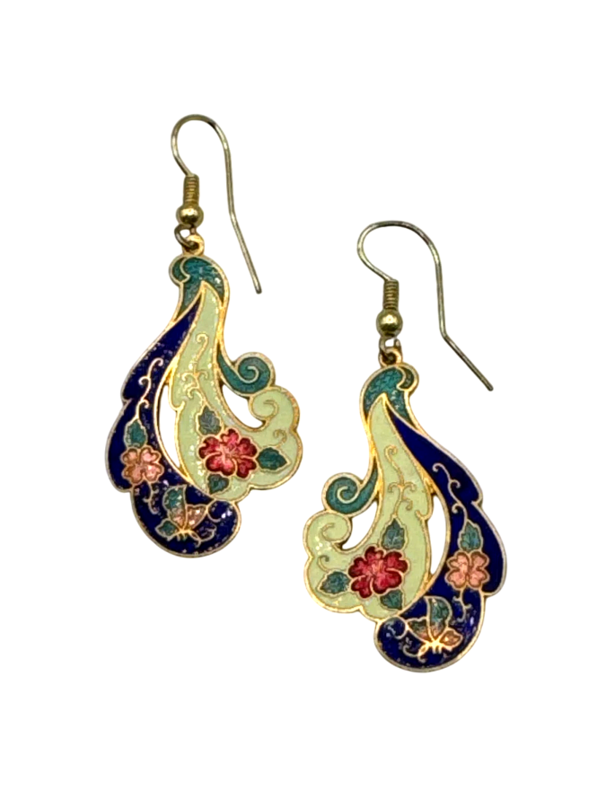 Vintage Cloisonne Enamel Flower Drop Earrings