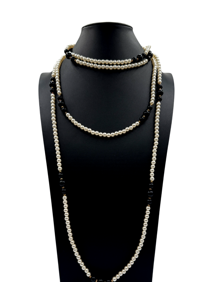 Black and white pearl statement rope necklace