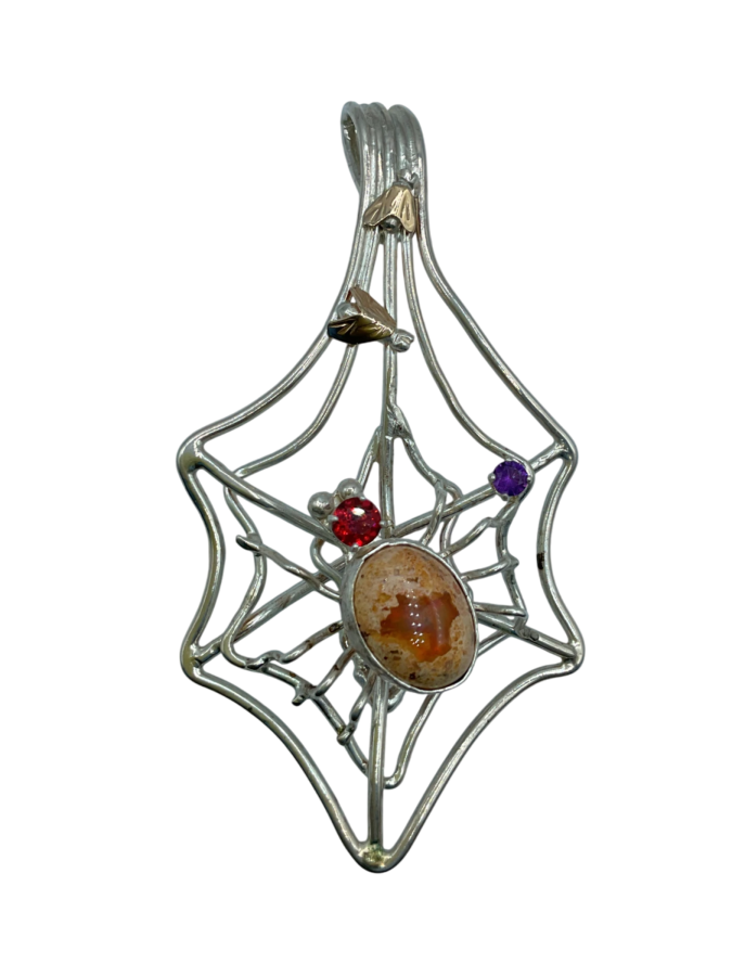 Spiderweb Pendant with Opal and Gemstones