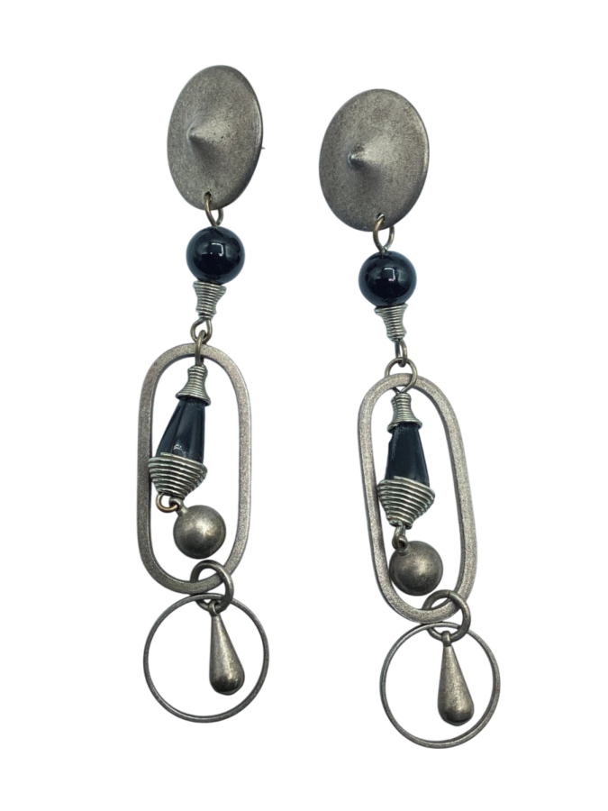 Silver Tone Dangle Earrings with Black Beads