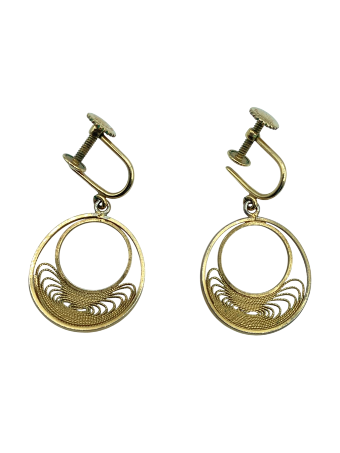 Trifari gold filigree hoop dangle vintage earrings