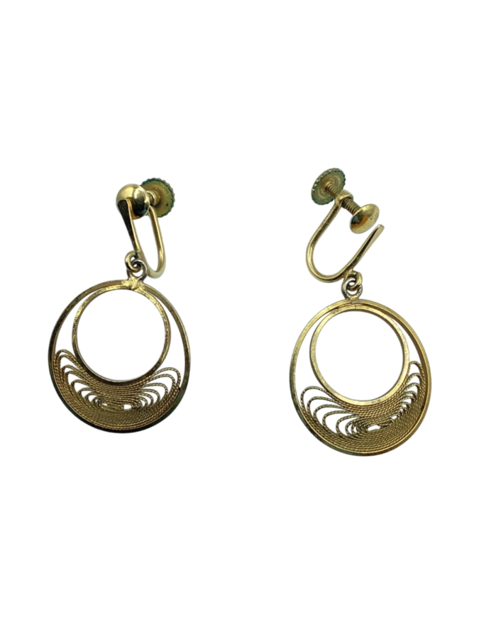 Trifari gold filigree hoop dangle vintage earrings
