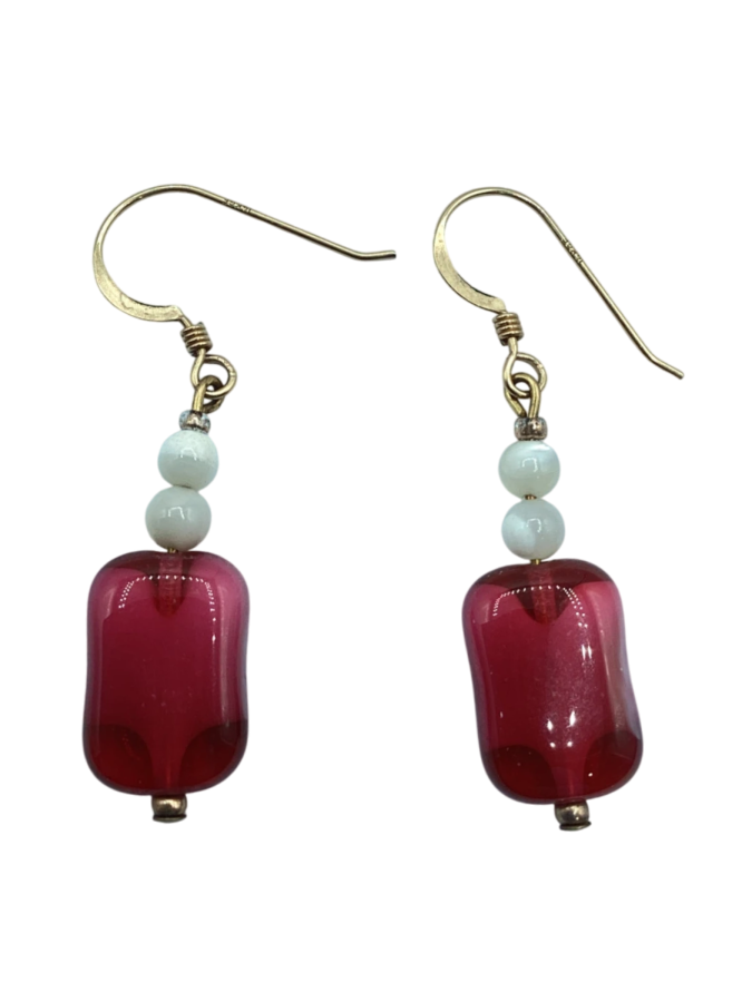 Handmade Cranberry Glass Earrings with White Accent Beads