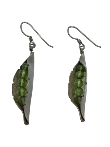 Silver Pea Pod Earrings with Green Beads