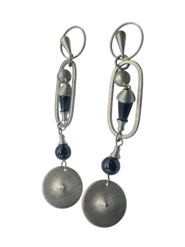 Silver Tone Dangle Earrings with Black Beads