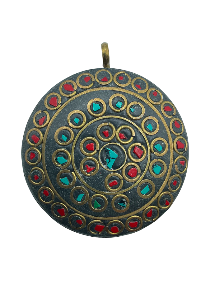 Tibetan Style Pendant with Turquoise and Coral Inlay