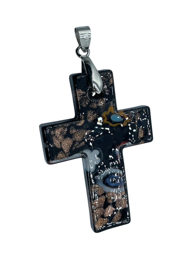Murano Style Black Glass Cross Pendant with Silver Bail