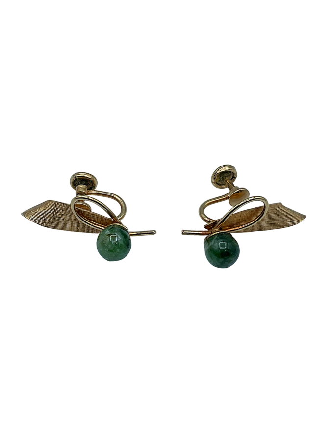 Vintage Gold Tone Earrings with Green Stone Cabochons