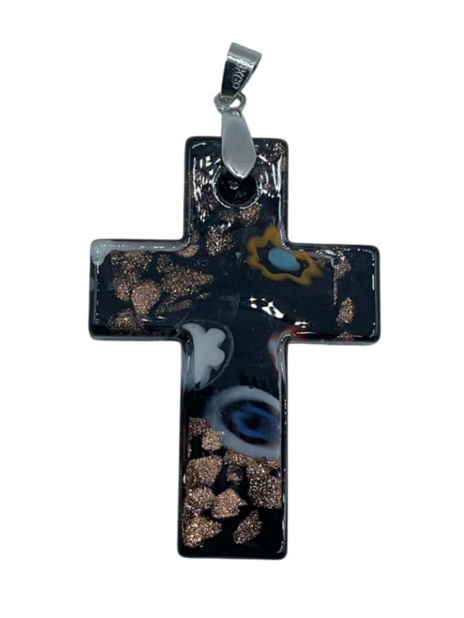 Murano Style Black Glass Cross Pendant with Silver Bail
