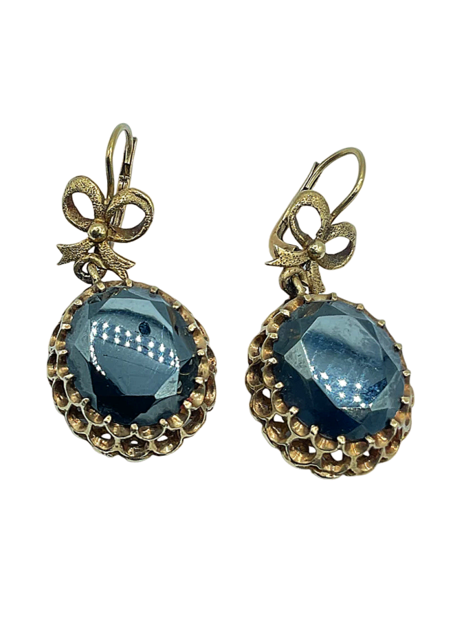 Vintage-Style Blue Gemstone Drop Earrings with Bow Detail
