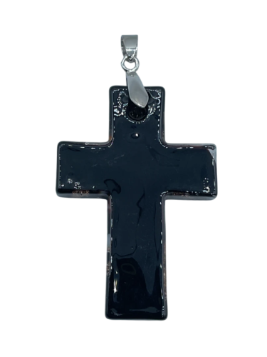 Murano Style Black Glass Cross Pendant with Silver Bail