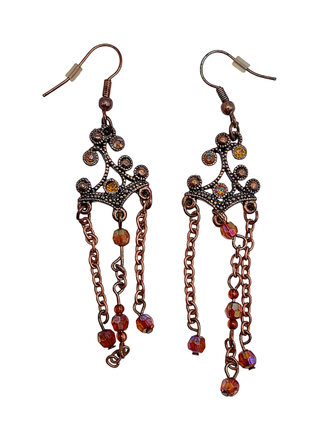 Ornate Copper Dangle Earrings with Crystal Accents