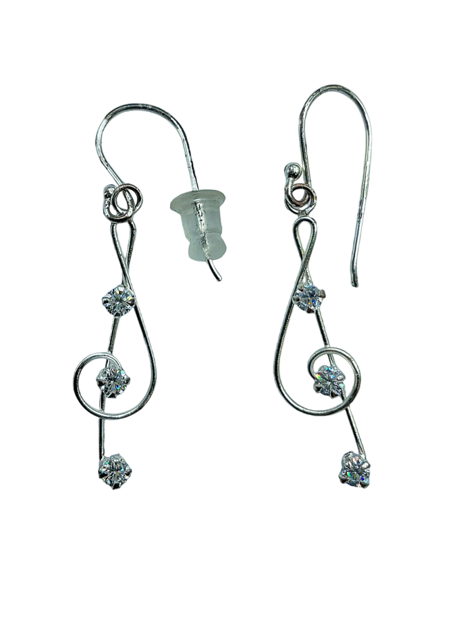 Sterling Silver Treble Clef Drop Earrings with Cubic Zirconia