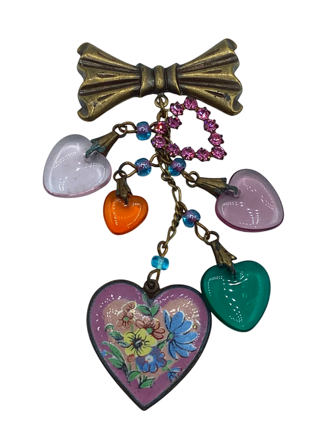 Vintage Bow and Heart Dangle Brooch