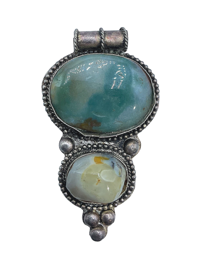 Vintage Sterling Silver Pendant with Moss Agate and Opal Cabochons