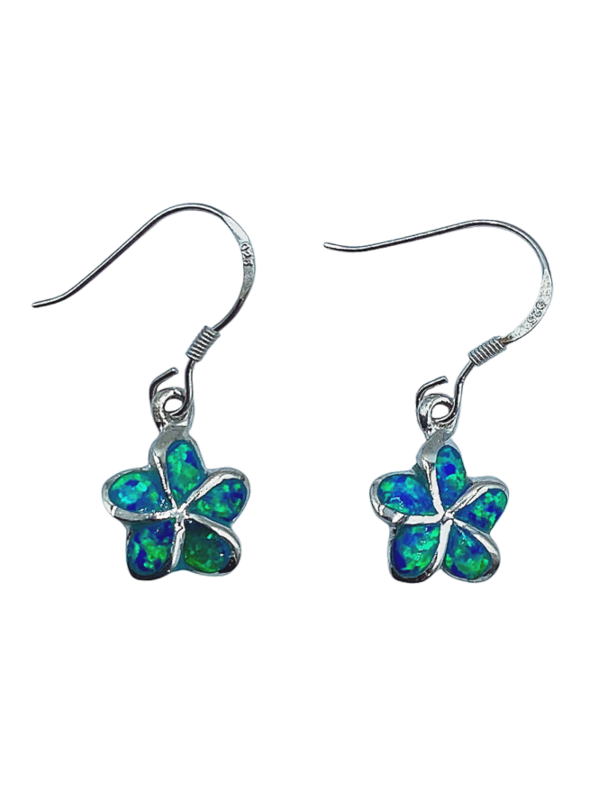 925 Sterling Silver Plumeria Flower Earrings with Blue-Green Opal Inlay