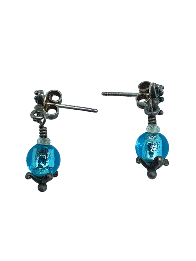 Blue Glass Bead Sterling Silver Dangle Earring