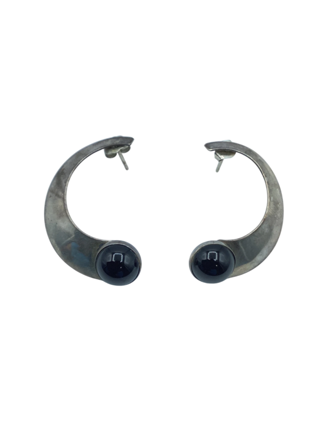 Sterling Silver Crescent Hoop Earrings with Black Onyx