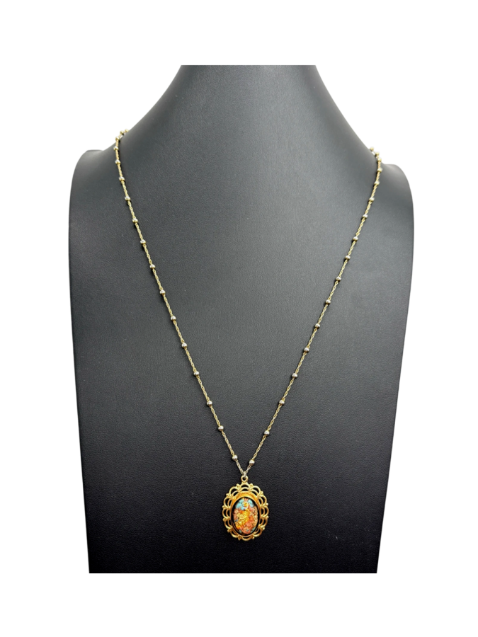 Gold Beaded Chain Necklace with Round Scenic Pendant