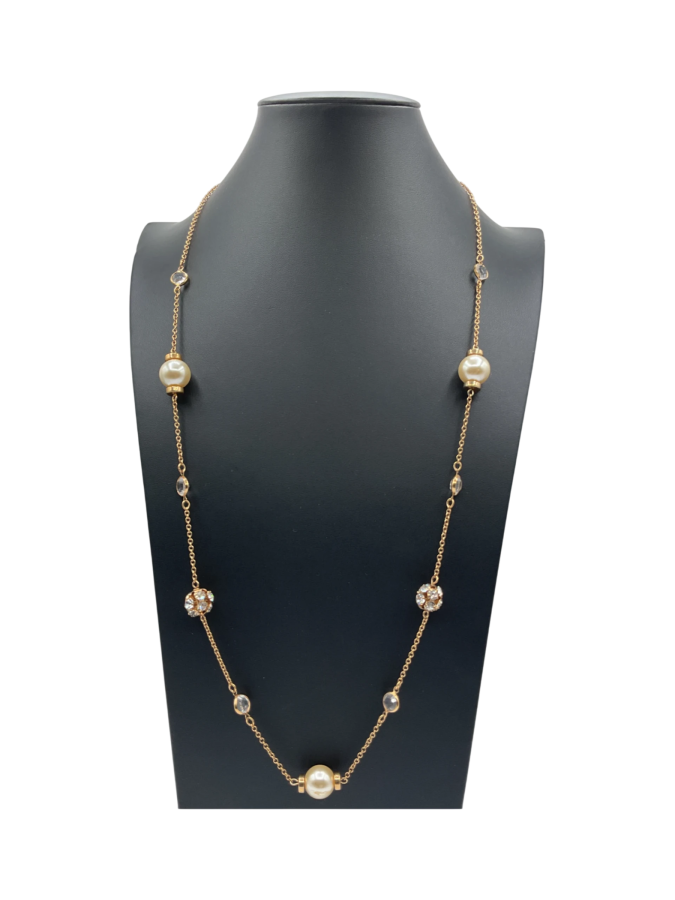 Gold Necklace with Pearls and Crystal Accents