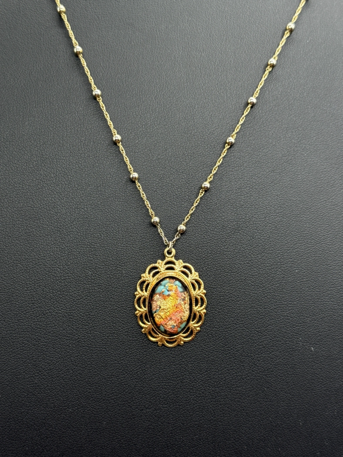 Gold Beaded Chain Necklace with Round Scenic Pendant