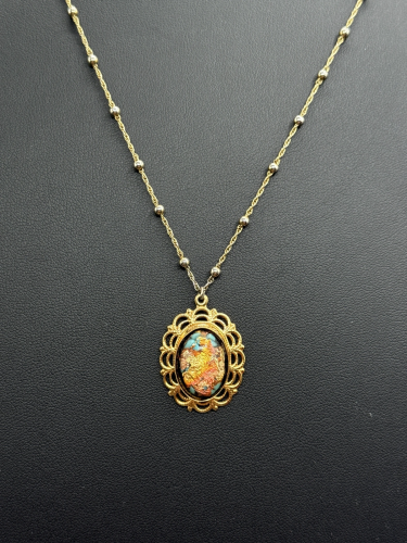 Gold Beaded Chain Necklace with Round Scenic Pendant