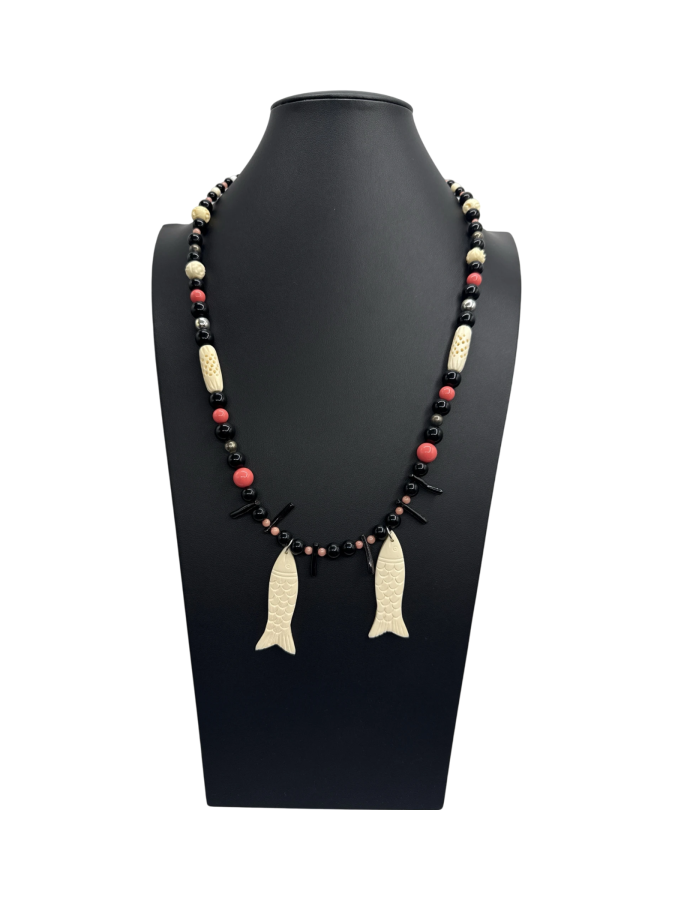 Tibetan Style Black and White Beaded Necklace with Fish Charms