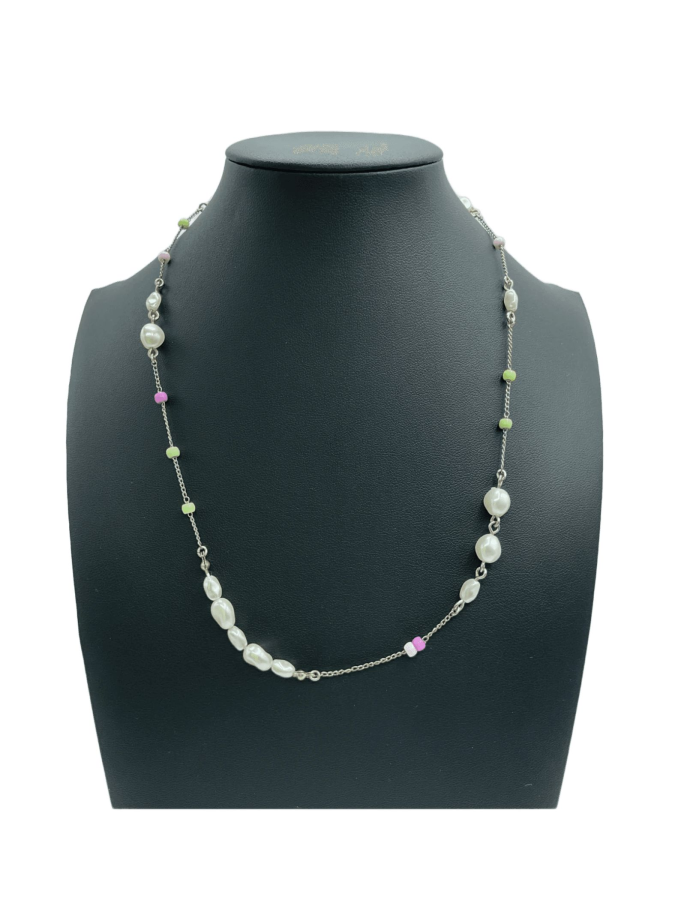 Freshwater Pearl Necklace with Peridot and Pink Enamel Accents