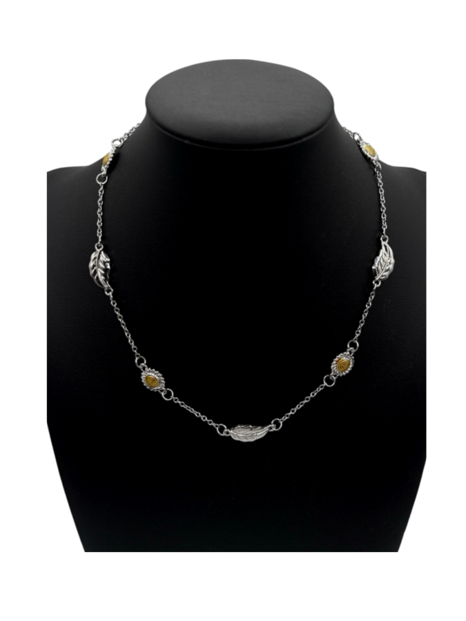 Silver Leaf and Gold Sunflower Station Necklace