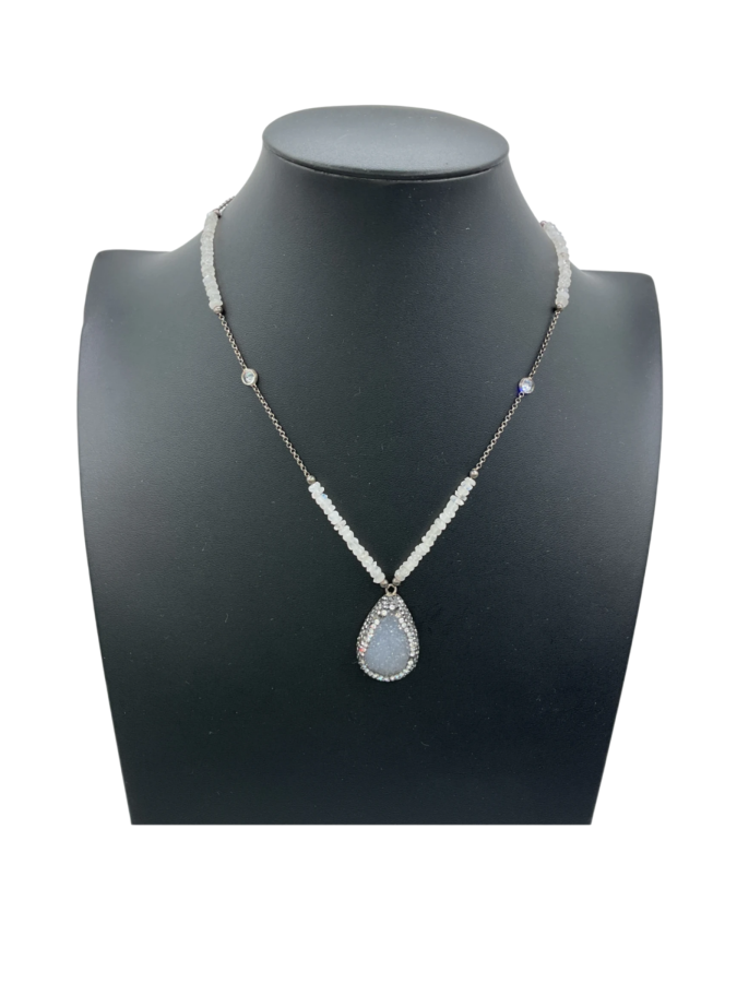 Agate Teardrop Pendant Necklace with Moonstone and Diamond Accents