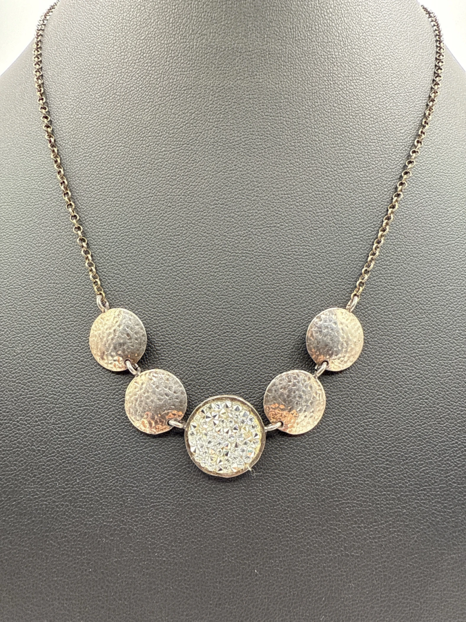 Hammered Metal and Crystal Disc Necklace
