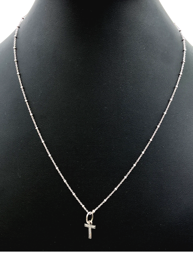 Silver "T"  Pendant Necklace with Diamond Accents