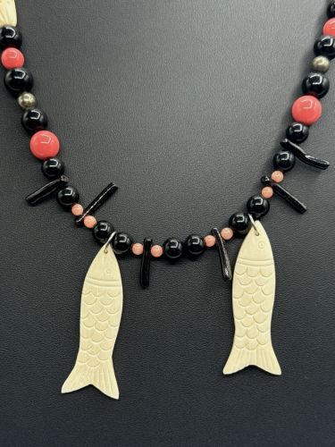 Tibetan Style Black and White Beaded Necklace with Fish Charms