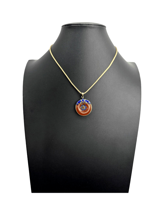 Vintage Chinese Enamel Carnelian Silver Vermeil Pendant Necklace