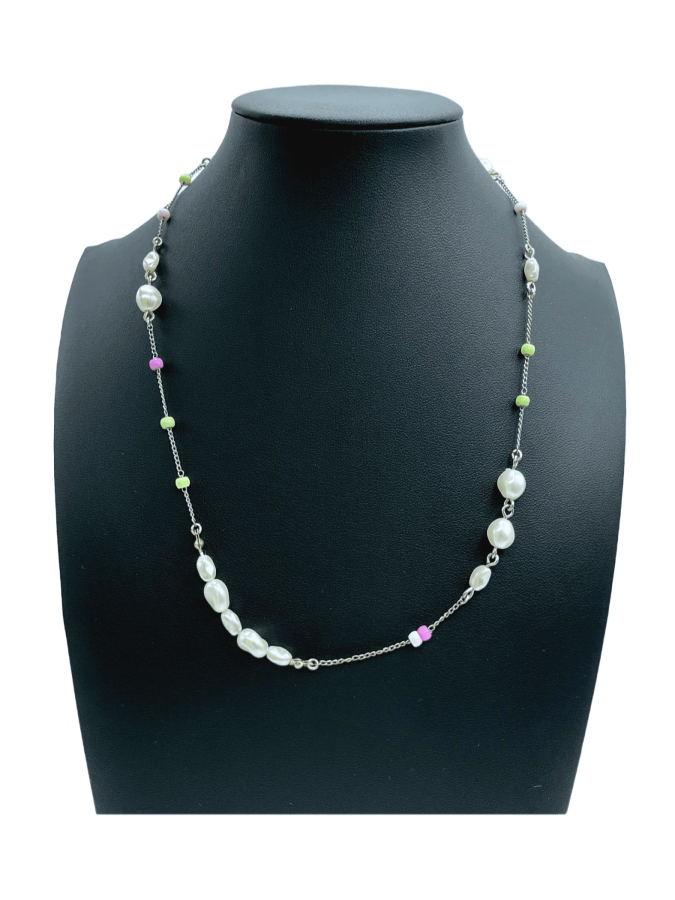 Freshwater Pearl Necklace with Peridot and Pink Enamel Accents