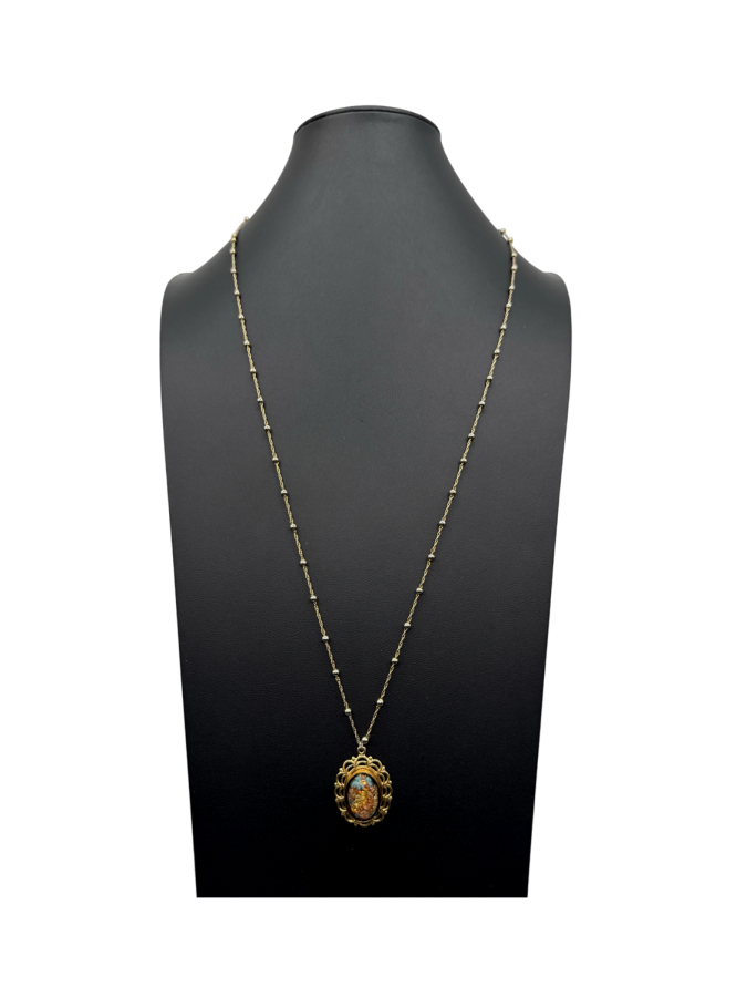 Gold Beaded Chain Necklace with Round Scenic Pendant