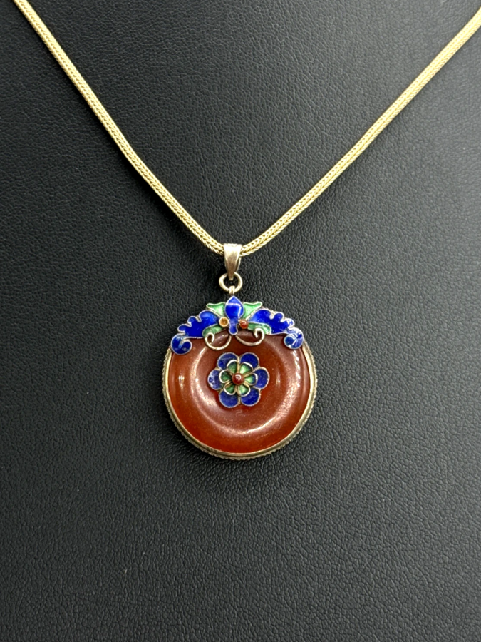 Vintage Chinese Enamel Carnelian Silver Vermeil Pendant Necklace
