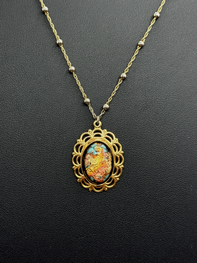 Gold Beaded Chain Necklace with Round Scenic Pendant