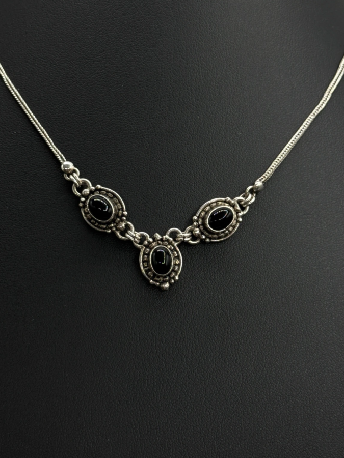 Sterling Silver Necklace with Black Onyx Oval Stones