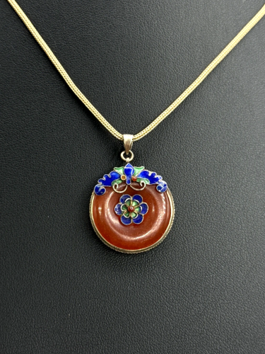 Vintage Chinese Enamel Carnelian Silver Vermeil Pendant Necklace