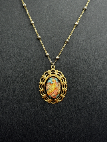 Gold Beaded Chain Necklace with Round Scenic Pendant