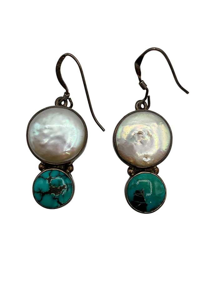 Sterling Silver Mother of Pearl and Turquoise Drop Earring