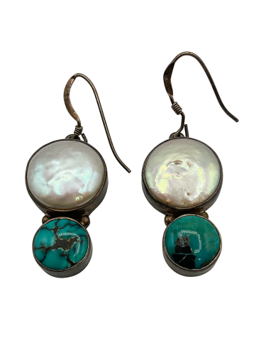 Sterling Silver Mother of Pearl and Turquoise Drop Earring